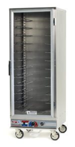 The Metro C5E9-CFC-U is a full-height, mobile stainless steel cabinet with a bottom control panel, clear door, universal wire slides for trays, and operates at 120V, 60Hz.