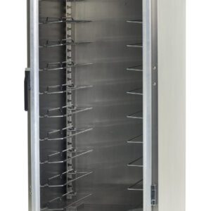 The Metro C5E9-CFC-U is a full-height, mobile stainless steel cabinet with a bottom control panel, clear door, universal wire slides for trays, and operates at 120V, 60Hz.