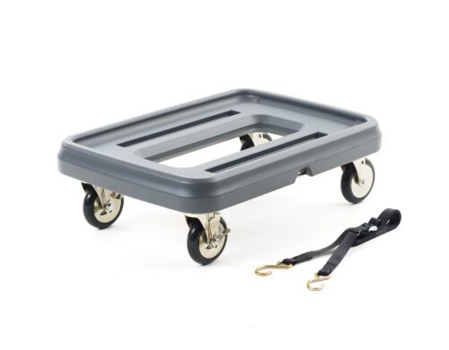 The Mightylite MLD1 Dolly for ML300, ML400, ML180, and ML180XL features a sleek gray rectangular design with four black wheels and no handle. It comes with a robust black strap and metal hooks, elegantly set against a white backdrop.