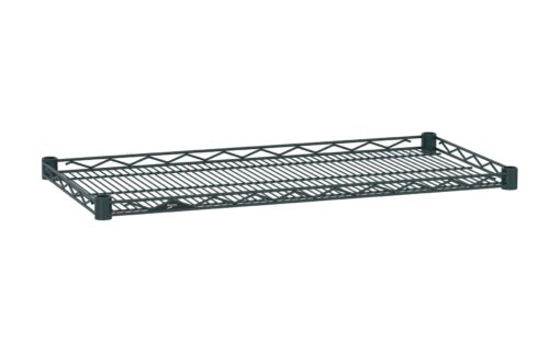 4kbuh1udughnxls28rytwu9raqnyt55a.jpg The black Metro HDM1436-DSG Super Erecta display shelf with a smoked glass finish features a metal grid design, raised edges, and four corner posts for support. Measuring 14 x 36, it is rectangular and set against a white background.