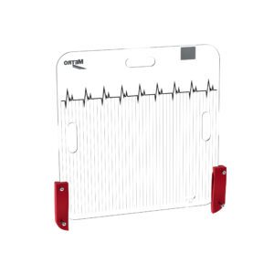 The Metro LEC309RD Backboard fits Lifeline and Flexline Carts, featuring a clear panel with a black METRO heartbeat line at the top left, red bottom brackets, and side cut-out handles.
