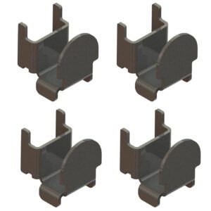 A 2x2 grid of dark gray Metro SMS SmartLever Replacement Shelf Mount Hooks (bag of 4) is shown on a white background. Each C-shaped bracket has a slightly rounded top with two prongs extending from each edge, forming a U-shape.