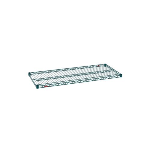 The Metro Super Erecta 2148NK3 Industrial Wire Shelf, with its 21 x 48 green wire design and sturdy metal grid pattern, is displayed against a white background. It features a durable Metroseal Green Epoxy finish.