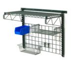 The Metro SWK36-1A2-SR SmartWall Prep Kit is a wall-mounted metal storage rack with a black grid design, a top shelf, two wire baskets, an attached blue bin, and versatile hooks—ideal for organizing tools and small items.