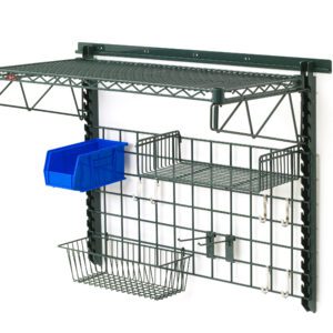 The Metro SWK36-1A2-SR SmartWall Prep Kit is a wall-mounted metal storage rack with a black grid design, a top shelf, two wire baskets, an attached blue bin, and versatile hooks—ideal for organizing tools and small items.