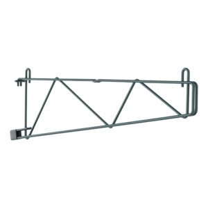The Metro SWS24K3 SmartWall Single Shelf Support for 24 deep shelves features a green metal frame bracket with an angular design and two hooks, a triangular support structure, and a flat rectangular end piece, finished in Metroseal Green Epoxy.