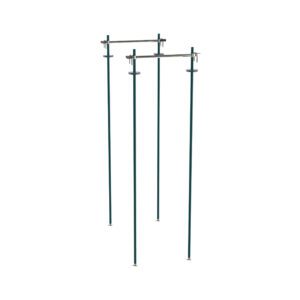 Two Metroseal Green Epoxy jump stands feature adjustable metal bars at various heights, standing against a white background with stable round bases, similar to the Metro TTA24K3 Top-Track Stationary Intermediate Unit Kit for 24 Wide Super Erecta Wire Shelving.