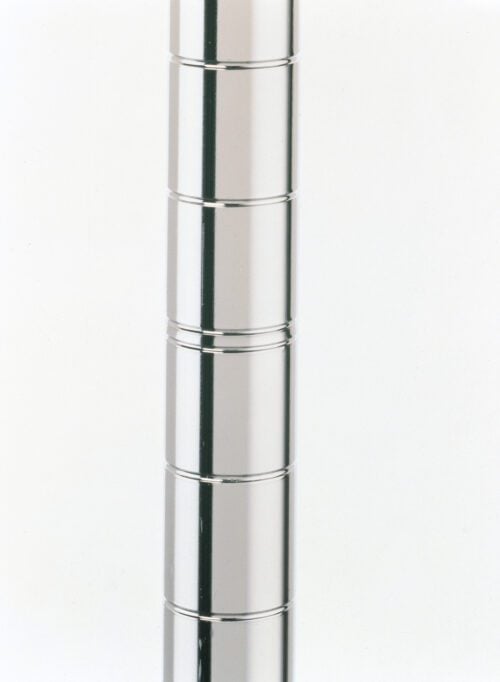 A vertical stack of shiny, aligned metallic discs or rings reflects light against a white background, reminiscent of the precise design and chrome finish of the Metro Super Erecta 13UP SiteSelect Mobile-Ready Industrial Wire Shelving Post, Chrome, 13 H.