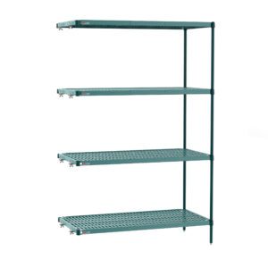 The Metro PR-213074K3-A-4 Super Erecta Pro Industrial Wire 4-Shelf Restaurant Shelving Add-On Unit offers adjustable green metal shelves with removable plastic mats and sturdy posts, perfect for home or industrial storage. Each grid-designed shelf measures 21 x 30 x 74.