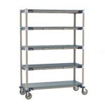 The Metro ECP35CX3 MetroMax i Par Level Cart, 18 x 48, is showcased as a five-tier industrial-style unit with vented dark gray shelves and a beige frame. It stands on four wheels for easy mobility against a plain white background.