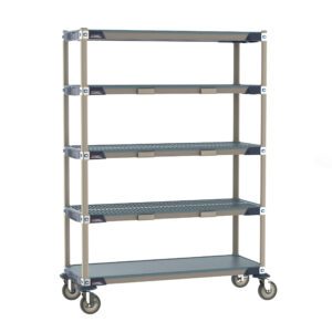 The Metro ECP35CX3 MetroMax i Par Level Cart, 18 x 48, is showcased as a five-tier industrial-style unit with vented dark gray shelves and a beige frame. It stands on four wheels for easy mobility against a plain white background.