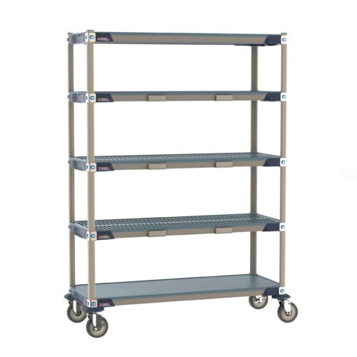 4rkigc72wxxxkfnbtf0sgoseklbc680v.jpg The Metro ECP35CX3 MetroMax i Par Level Cart, 18 x 48, is showcased as a five-tier industrial-style unit with vented dark gray shelves and a beige frame. It stands on four wheels for easy mobility against a plain white background.