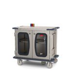The Metro CaseVue CV36LC-5BFH-W1 Surgical Case Cart features clear doors, a pullout wire shelf, 5th wheel steering for easy maneuverability, swing-up handle, color flags for organization, and measures 45.5W x 28D x 40.625H with a light gray body and dark gray accents.