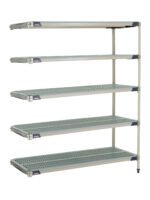 The MetroMax i 5AX567GX3 5-Shelf Plastic Add-On Unit, measuring 24 x 60 x 74, features wire mesh metal shelves. Its adjustable and sturdy open-frame structure makes it perfect for organizing any warehouse or garage.