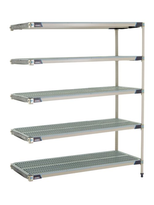The MetroMax i 5AX567GX3 5-Shelf Plastic Add-On Unit, measuring 24 x 60 x 74, features wire mesh metal shelves. Its adjustable and sturdy open-frame structure makes it perfect for organizing any warehouse or garage.