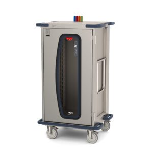 The Metro CV24HC-NBFH surgical cart, 33.5W x 28D x 58.25H, has four wheels, a clear door with color flags on top, and CaseVue elegantly printed on the door, designed for easy mobility and efficient storage in medical settings.