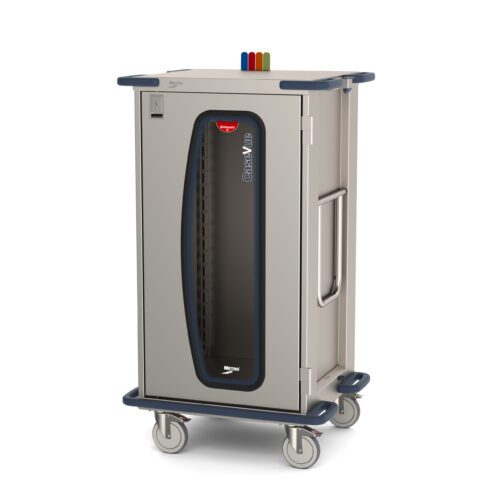 The Metro CV24HC-NBFH surgical cart, 33.5W x 28D x 58.25H, has four wheels, a clear door with color flags on top, and CaseVue elegantly printed on the door, designed for easy mobility and efficient storage in medical settings.