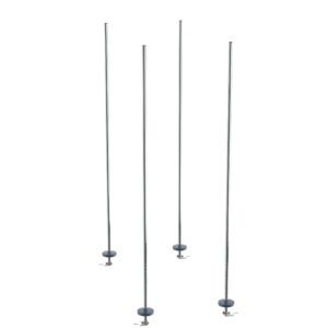 Four chrome metal poles with round bases and clamps on a white background resemble the sleek design of a Metro BTAC qwikTRAK Stationary Intermediate Unit Kit for Super Erecta Wire Shelving.