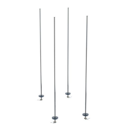 Four chrome metal poles with round bases and clamps on a white background resemble the sleek design of a Metro BTAC qwikTRAK Stationary Intermediate Unit Kit for Super Erecta Wire Shelving.