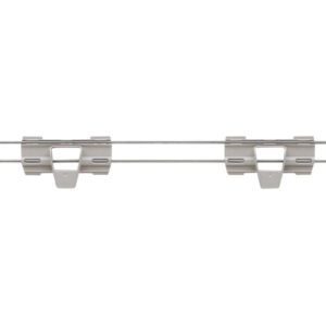 This wall-mounted metal hanger with five adjustable hooks resembles the Metro MAX4-L60-2S Stackable Shelf Ledge for MetroMax 4 Industrial Plastic Shelving. The hooks, secured by clips, add both functionality and style to any space.