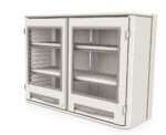 The Metro SXRDOH27P2C Starsys Cabinet features white double doors with transparent windows, handles, and multiple interior shelves. Its sleek, modern design is ideal for kitchens or bathrooms.