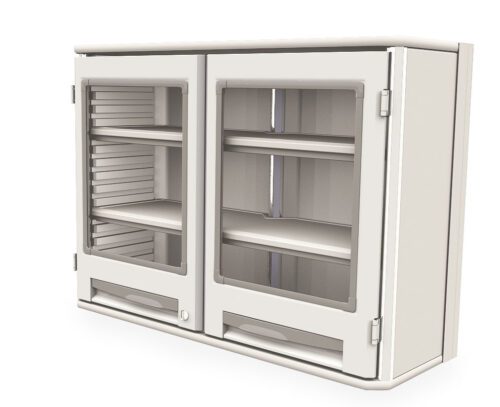 The Metro SXRDOH27P2C Starsys Cabinet features white double doors with transparent windows, handles, and multiple interior shelves. Its sleek, modern design is ideal for kitchens or bathrooms.
