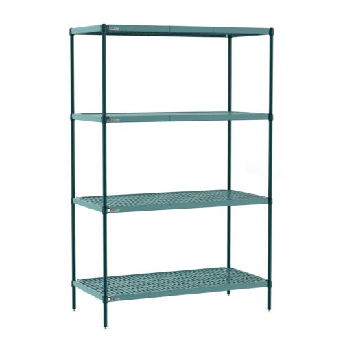 The Metro PR-212474K3-S-4 Super Erecta Pro Shelving Unit has a green metal frame with removable plastic mats, offering sturdy vertical space for organizing items on its perforated shelves. Dimensions are 21 x 24 x 74.