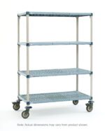 The MetroMax Q Q536EG3 4-Shelf Industrial Plastic Shelving Mobile Cart, measuring 24 x 36 x 68, has four blue open grid ventilated shelves with gray supports and caster wheels. Note: Actual dimensions may vary from product shown.