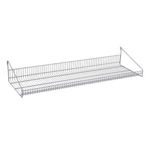 The Metro GS1448K4 SmartWall Grid Shelf in Metroseal Gray Epoxy (14 x 48) features raised sides and back, a lower front edge, and two hooks for easy access, making it ideal for kitchen or utility organization.