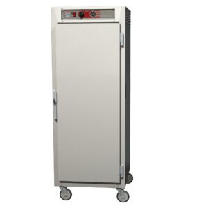 The Metro C569-SFS-LPFS C5 6 Series is a full-height, rectangular insulated industrial cabinet on wheels with a silver casing and single left-hand handle door. It features top control knobs and lip load aluminum slides, making it ideal for storage or equipment use.