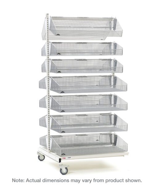 The Metro QB248-M14A qwikSIGHT Shelving Add-On Unit, 48 L, is a versatile tall metal storage cart with a sturdy steel frame and seven mesh baskets on wheels. Note: Actual dimensions may vary from product shown.