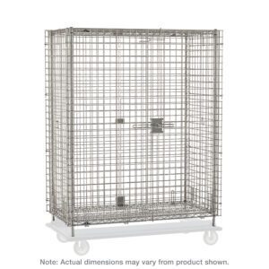 The Metro SEC53S-HD Super Erecta Heavy-Duty Security Shelving Unit is a large stainless steel wire cage on wheels with secure latches and locks, ideal for item transport. It includes dolly and plate casters with a sturdy mesh design and dimensions of 28.0625 x 38.5 x 62.