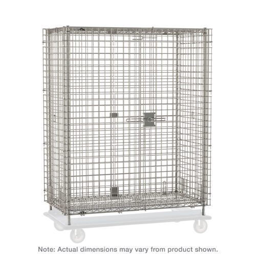 The Metro SEC53S-HD Super Erecta Heavy-Duty Security Shelving Unit is a large stainless steel wire cage on wheels with secure latches and locks, ideal for item transport. It includes dolly and plate casters with a sturdy mesh design and dimensions of 28.0625 x 38.5 x 62.