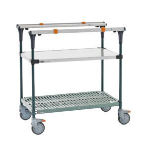 The Metro MS1836-FSPR PrepMate MultiStation 36 Prep Station features a solid stainless steel top shelf and a Super Erecta Pro slotted grate bottom shelf with Metroseal Green Epoxy posts, orange accents, reinforced joints, and four swiveling caster wheels.