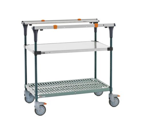 58i1ikibdz2ch83pinbie512l5nv6dzu.jpg The Metro MS1836-FSPR PrepMate MultiStation 36 Prep Station features a solid stainless steel top shelf and a Super Erecta Pro slotted grate bottom shelf with Metroseal Green Epoxy posts, orange accents, reinforced joints, and four swiveling caster wheels.
