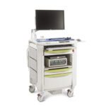 The Metro FLXENDO Flexline Endoscopic Cart is a mobile medical station featuring a monitor, keyboard, controls, multiple drawers and compartments for essential equipment, and wheels for easy movement.
