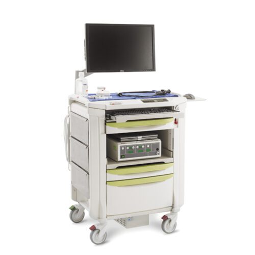 5b3ctr6d41jco03d0jg2k49ev4s7mugb.jpg The Metro FLXENDO Flexline Endoscopic Cart is a mobile medical station featuring a monitor, keyboard, controls, multiple drawers and compartments for essential equipment, and wheels for easy movement.