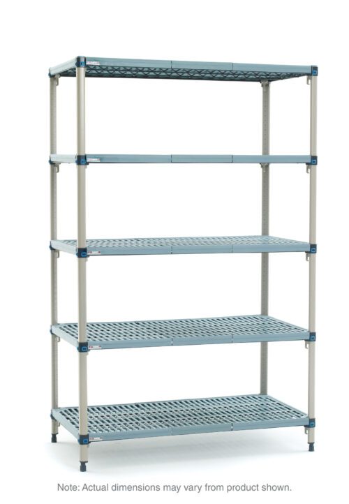 Discover the MetroMax Q 5Q557G3 Shelving Unit: a five-tier, 24 x 48 x 74 structure with a strong metal frame and perforated blue plastic shelves. Perfect for adaptable storage; note that actual dimensions may vary.