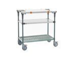 The Metro MS1836-FSPR-PK1 PrepMate MultiStation prep station features a solid stainless steel top shelf and Super Erecta Pro bottom shelf with Metroseal Green Epoxy posts, along with large grey wheels with orange locks, set against a white background.