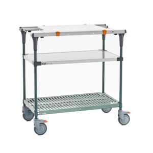 The Metro MS1836-FSPR-PK1 PrepMate MultiStation prep station features a solid stainless steel top shelf and Super Erecta Pro bottom shelf with Metroseal Green Epoxy posts, along with large grey wheels with orange locks, set against a white background.
