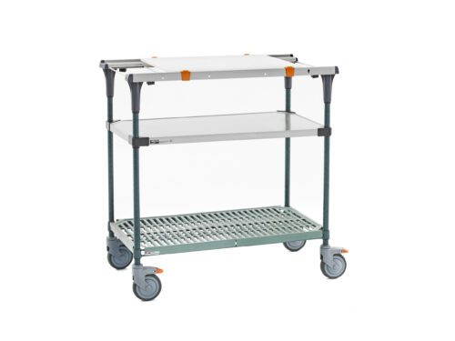 The Metro MS1836-FSPR-PK1 PrepMate MultiStation prep station features a solid stainless steel top shelf and Super Erecta Pro bottom shelf with Metroseal Green Epoxy posts, along with large grey wheels with orange locks, set against a white background.