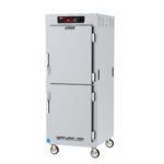 The Metro C589X-SDS-UA C5 8 Series is a full-height, silver insulated reach-in holding cabinet on wheels with Dutch solid doors and universal wire slides. It operates at 220-240V, 50/60Hz, and features a digital temperature display alongside side ventilation panels.