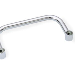 The Metro EH24NC Extended Handle for 24 Wide Super Erecta Industrial Wire Shelving, Chrome, is a U-shaped metal object with outward-facing cylindrical ends and a reflective, smooth surface that accentuates its metallic finish.