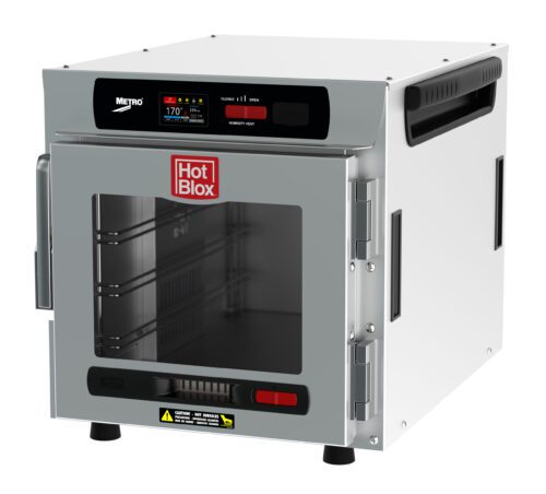 5ej1pvgx7l2a41kv4u75gt1gbsgxassr.jpg The Metro HBCN4-DC-CT HotBlox, a silver and black 4-pan insulated food warmer, features a clear door and digital touchscreen showing 170°F. With 875W power and NEMA 5-15P plug, it’s perfect for professional kitchens.