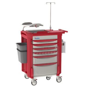 The Metro LECCRP6-RD Lifeline Crash Cart, Red, is a mobile medical unit with multiple drawers, a side waste bin, an IV pole, and a defibrillator. Its designed for emergencies with organized compartments to efficiently house essential medical supplies.