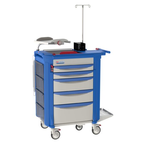 The Metro LECCRP7 Lifeline Crash Cart, Blue, features a sleek design with blue trim and gray drawers on wheels. It includes a fold-out tray, push handle, IV pole, defibrillator shelf, and organizer for medical supplies.