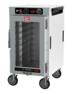 The Metro HBCN8-AC-M HotBlox is a stainless steel mobile cabinet with a clear door, multiple shelves, and wheels. It features an analog controller for precise temperature control. With 875W power at 120V and labeled Hot Blox, its the ultimate narrow 8-pan insulated holding solution.