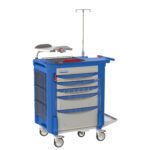 The Metro LECCRP5 Lifeline Crash Cart in blue features four drawers, side compartments, a push handle, wheels for mobility, a top defibrillator tray, and an attached IV pole for efficient medical response.