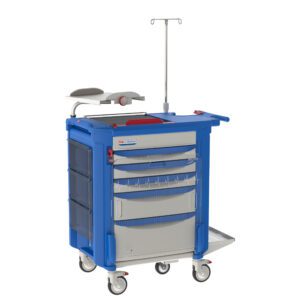 The Metro LECCRP5 Lifeline Crash Cart in blue features four drawers, side compartments, a push handle, wheels for mobility, a top defibrillator tray, and an attached IV pole for efficient medical response.
