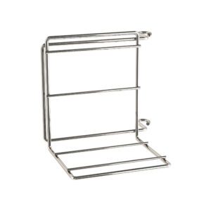 The Metro LEC9800 Sharps Container Bracket is designed for Lifeline, Flexline, and Starsys Carts. This silver metal wire rack features a right-angle design with three horizontal bars and two hooks, perfect for organizing items.